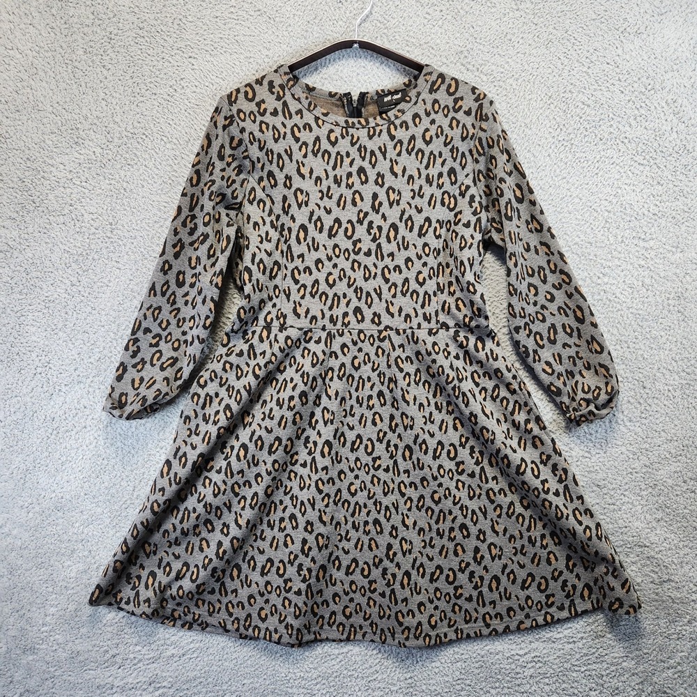 Wet Seal Leopard Print Long Sleeve Fit Flare Dress‎ Womens Large Pockets Causal